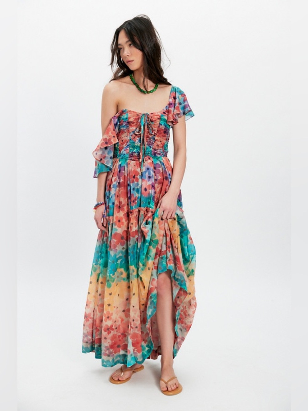 Free People One-Shoulder Floral Maxi Dress in Teal, Coral, Yellow
